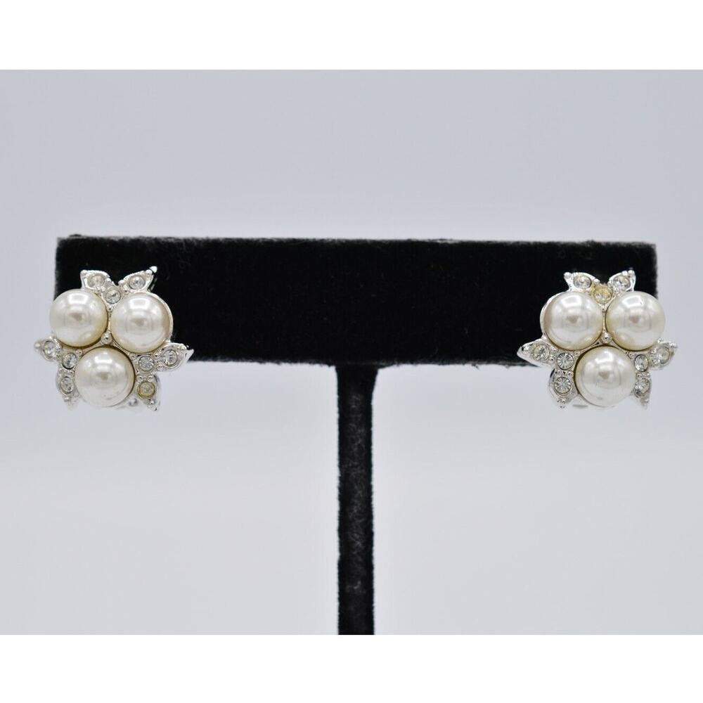 Swarovski Vintage Clip On Earrings Rhinestone Pearl Silver Swan Signed 80s Bin7